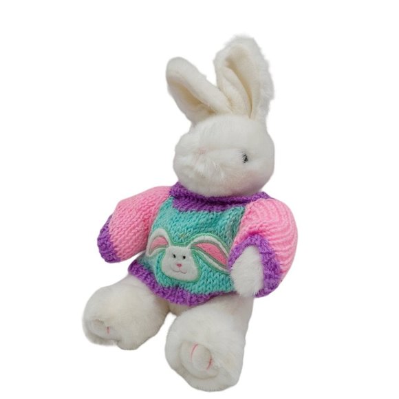 Main Joy White Bunny Rabbit Plush Stuffed Animal In Pastel Sweater 9” Easter - Picture 1 of 8